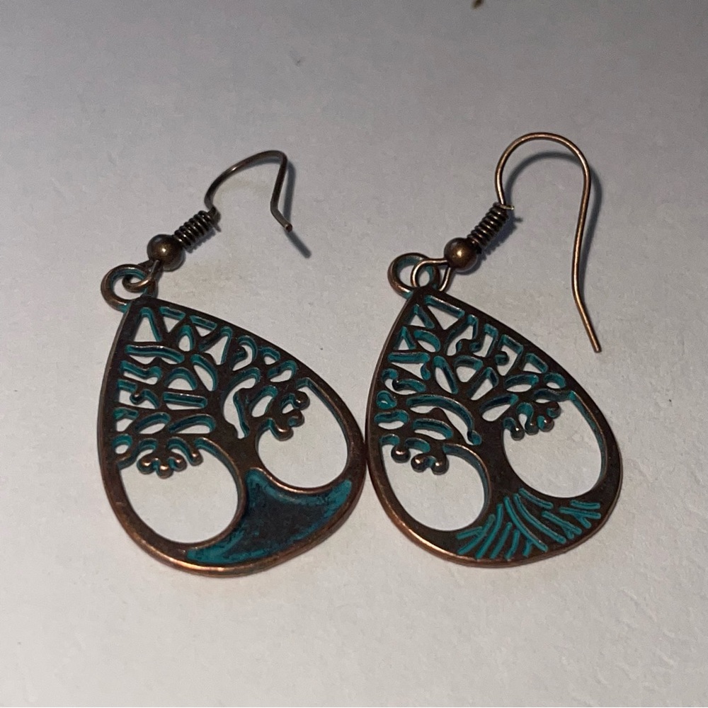 New Green Patina Bronze Celtic Spiritual Tree of Life Bohemien Dangle Earrings - Picture 5 of 9
